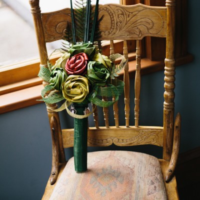 Green, red and yellow, fern and flax bridal bouquet