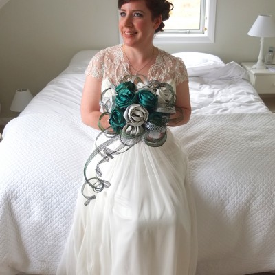 Renate with her flax wedding bouquet